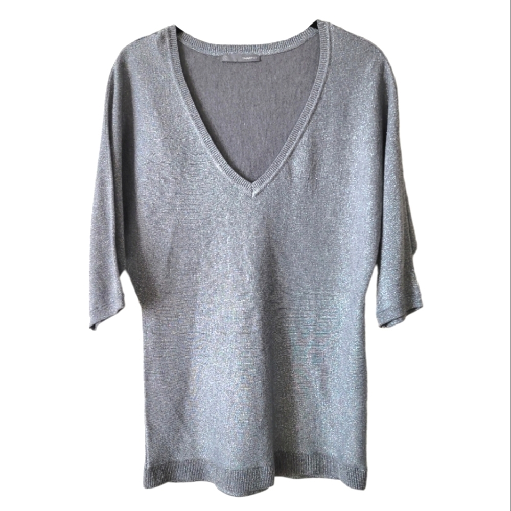 SMART Set Silver Grey Metallic Knit V Neck Top Size S